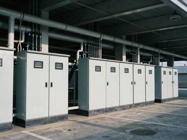Wide architectural shot of industrial electrical panels and heavy-duty cabling in a commercial parking structure, deep shadows, cool daylight.
