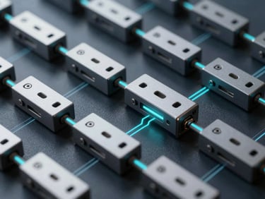 Precise isometric grid diagram showing dynamic load balancing across multiple terminals, electric cyan accents, dark surface background.