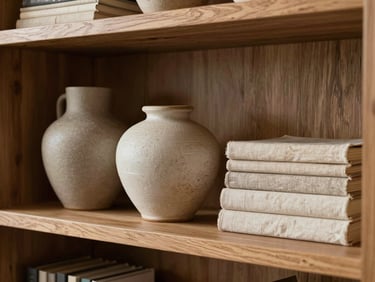 Close-up of a custom oak shelving unit holding textured ceramic vessels and neatly stacked linen books, warm diffused lighting.