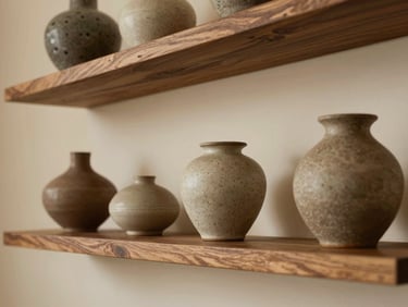 Close-up of sleek floating wooden shelves holding small textured ceramic vases against a warm cream wall.