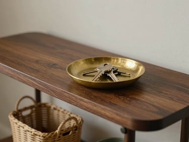 A beautifully organized entryway console table with a brass dish for keys and a small woven basket underneath.