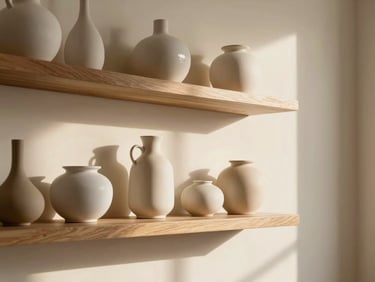 Close-up of a warm cream wall with a floating oak shelf holding curated ceramic vessels, soft morning light, clean lines, elegant styling.