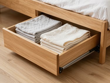 Under-bed wooden storage drawers sliding out smoothly on a light oak floor, neatly holding folded linen.