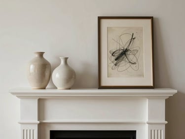 A faux fireplace mantel styled with three staggered ceramic vases and a single framed abstract sketch leaning against a warm white wall, elegant and simple.