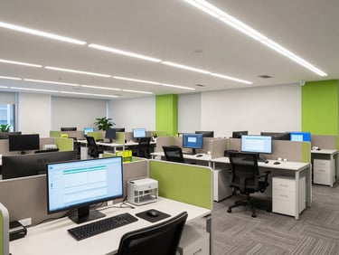 Wide interior shot of a modern corporate office space, organized open-plan workstations with multiple screens displaying structured data and interface panels, bright clinical lighting, green accent details in furniture and branding elements visible on walls, no people in frame