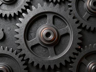 Close-up of a mechanical gear assembly render, high contrast, industrial charcoal tones with subtle orange rim light.