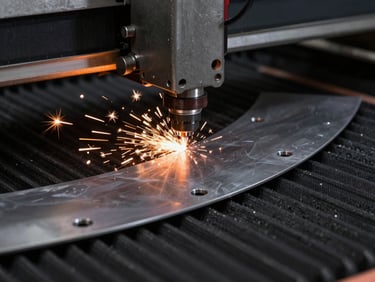 Industrial laser cutting machine sparks flying over a bent sheet metal prototype, crisp details, 50mm lens.