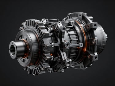 High-contrast digital render of a complex planetary gearbox assembly, sharp wireframe lines, deep charcoal background, subtle orange highlights, 50mm lens.