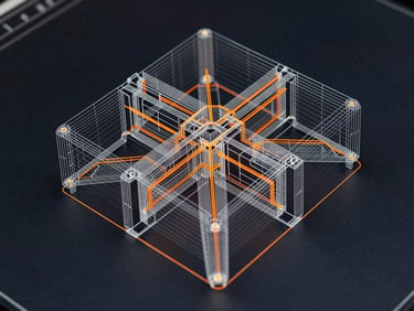 Macro shot of a complex 3D CAD model wireframe on a dark screen, highlighting precise geometric constraints and safety orange lines.