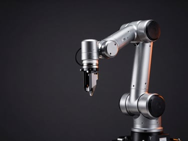 Crisp studio photography of a high-speed automated robotic arm gripper, stainless steel components, deep charcoal background, subtle orange rim light, high contrast.