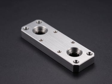 Crisp studio photography of an aerospace-grade CNC milled aluminum bracket, sharp mechanical details, deep charcoal background, subtle orange rim light, high contrast.