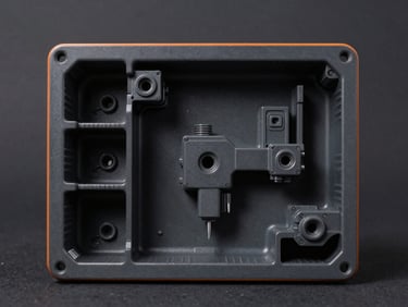 Crisp studio photography of a custom medical device enclosure, injection-molded plastic chassis, sharp mechanical details, deep charcoal background, subtle orange rim light.