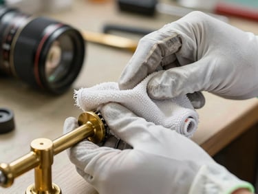 Close-up of hands in professional work gloves using a clean microfiber cloth to polish a brass fixture, bright natural daylight, highly organized setting.