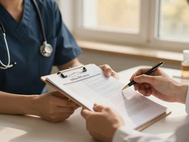 Professional hands reviewing a medical report on a desk, warm natural window light, deep navy and gold tones, shallow depth of field, 35mm