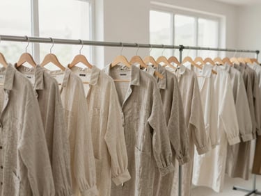 Wide panoramic view of a clean, organized apparel workshop in New Delhi, bright natural light streaming through large windows, minimalist racks of neutral linen garments, no clutter