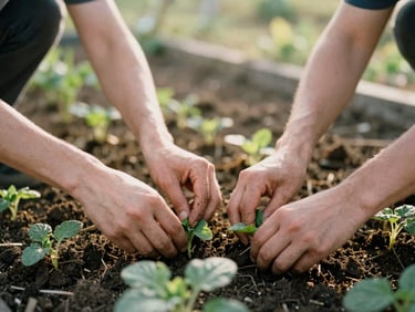 Hands working together in a community garden, tending to plants, focus on shared effort, golden hour light.