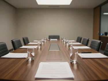 Wide shot of an empty boardroom table with documents and water glasses, overhead light, neutral corporate interior