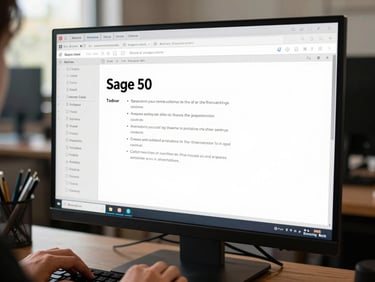 Sage 50 software interface visible on a monitor in a quiet office, natural side light, keyboard hands partially in frame