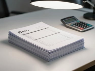 Stack of payroll documents and a calculator on a plain white desk, overhead office light, clean minimal framing