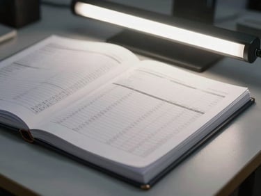 Open general ledger binder on a tidy office desk, overhead fluorescent light, columns of figures visible on the page