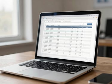 Laptop screen displaying a tax computation spreadsheet on a corporate desk, natural window light from the left, no faces