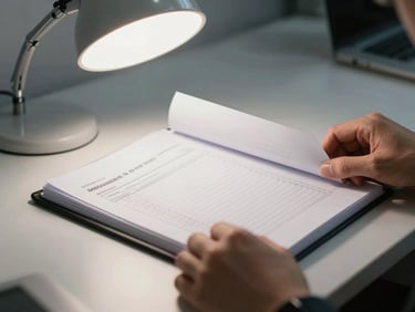 Close-up of hands turning pages of a bound audit report on a clean desk, overhead office light, crisp document edges visible