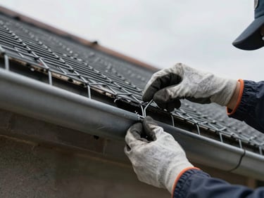 Detail shot of a technician's gloved hands pressing heavy-gauge wire mesh over a roof-line gap near a gutter, overcast daylight, visible caulk bead along the edge, no faces in frame