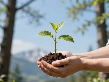 Hands holding a young green sapling with soil, planting it in a sun-dappled Lombardy woodland, bright natural daylight.
