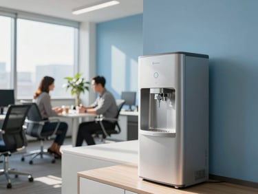 Modern sunlit office breakroom with a sleek water dispenser, employees talking in the background, warm natural light.