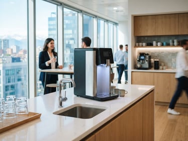 A professional water dispenser in a bright modern office kitchen in Lombardy, natural morning light, a person in the background holding a glass, editorial photography style.