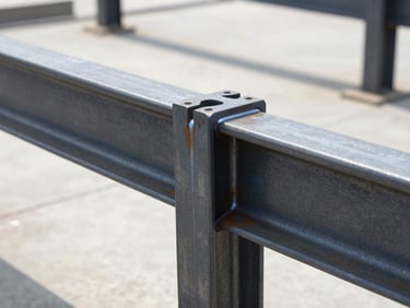 Macro detail of a heavy-duty steel frame joint with clean professional weld lines, black anti-rust coating, bright industrial factory lighting