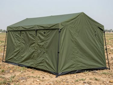 Eye-level shot of a green military-spec relief tent in a rugged outdoor field, heavy-duty canvas, bright daylight