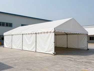 Wide angle shot of a massive white Roder tent deployed as an industrial warehouse on a concrete pad, bright daylight