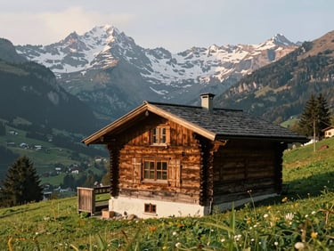 A rustic wooden cabin nestled in a lush green Swiss valley surrounded by towering snow-capped peaks, soft morning light.