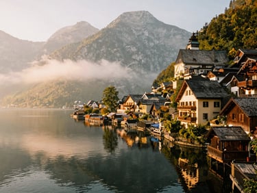 A peaceful lakeside village of Hallstatt reflected in still waters at dawn, soft mountain fog