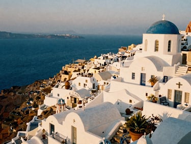 Sun-drenched white buildings of a Greek island cliffside overlooking a deep blue sea at cinematic twilight, 35mm film aesthetic.