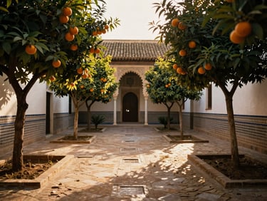 Golden afternoon light illuminating a narrow tiled Moorish courtyard in Seville, orange trees