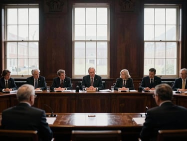 Dignified editorial photography, soft natural window light, a historic committee room with delegates seated along a wooden table, deep rich tones, classic composition.