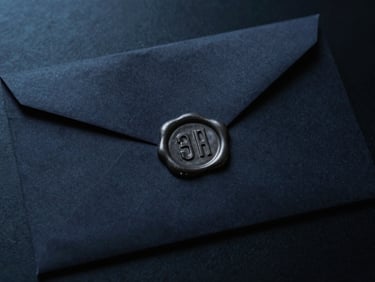 A sealed dark envelope with a metallic security wax seal, low-key cinematic lighting, deep navy tones