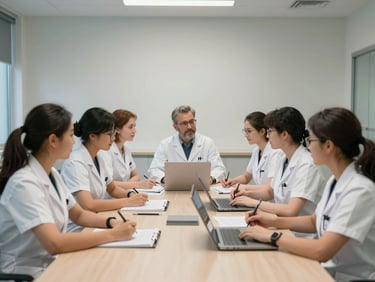 Modern ve aydınlık bir toplantı odasında, arka planda teknik çizimler olan, baretli ve kurumsal kıyafetli profesyonel mühendislik ve tıp ekibi.