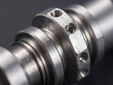 Macro close-up of a high-precision machined aluminum mechanical joint, visible toolpaths, clinical studio lighting, sharp focus on clean metallic edges.
