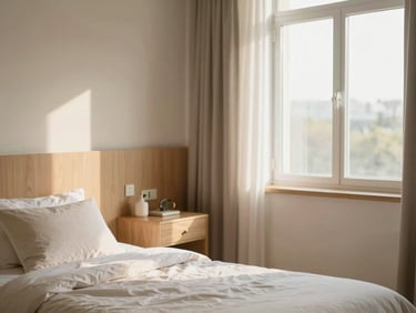 Warm editorial photography of a modern, sunlit maternity room, comfortable wooden accents, soft natural window light, tranquil atmosphere.