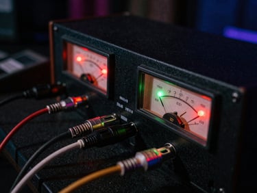 Close-up of analog studio gear, dusty patch cables, glowing red and green LED meters in a dark studio.