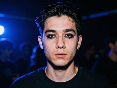 Raw backstage portrait of a musician with smeared eyeliner under high-contrast neon blue backlight.