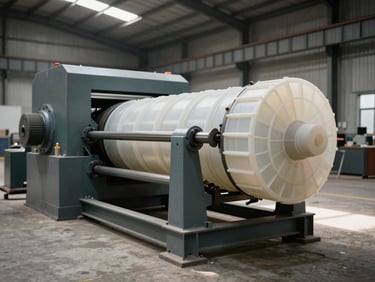 Wide environmental shot of a massive industrial plastic extruder on a concrete warehouse floor, harsh overhead skylight casting sharp shadows, 35mm documentary photography.