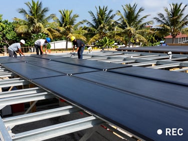 A simulated security camera feed view of an active construction site, showing workers installing roofing sheets on steel trusses, overlay timecode and REC indicator in corner, bright tropical daylight