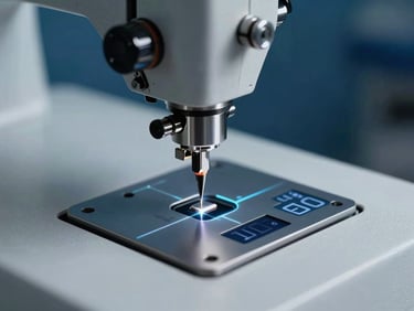 Close-up of a precision optical measurement device scanning the surface of a sewing machine needle plate, highlighting digital readouts and laser lines, sharp industrial lighting.