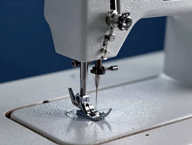 Industrial sewing machine running at high speed, close-up on a rapidly moving part like a feed dog or presser foot, motion blur on needle, crisp lighting on machine components.