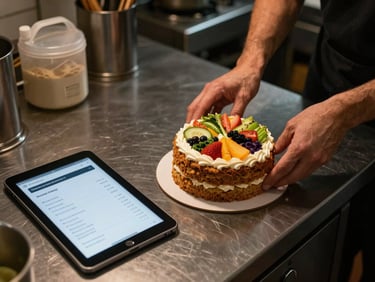 A busy dark kitchen counter under warm lights, hands packaging a beautiful healthy cake next to a tablet showing incoming delivery orders.