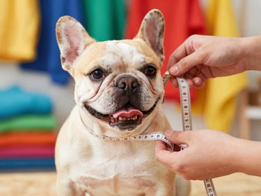 Close-up of artisan hands carefully measuring a happy small French Bulldog with a soft tape measure in a bright, colorful workshop, vibrant fabrics in the background